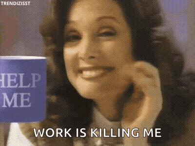 A Woman Is Smiling And Talking On A Cell Phone While Holding A Cup That Says Help Me Work Is Killing Me GIF