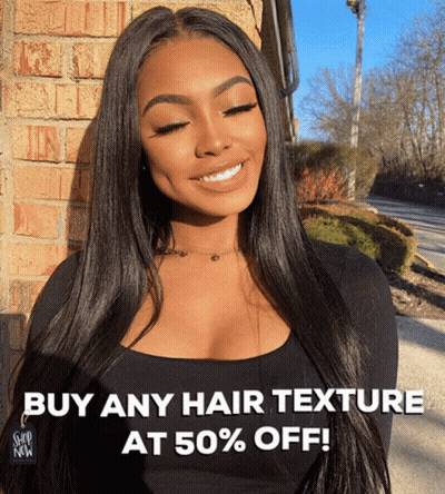 A Woman Is Smiling In Front Of A Brick Wall With The Words Buy Any Hair Texture At 50 % Off Below Her GIF