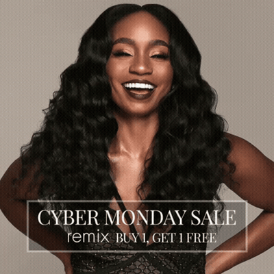 A Woman Is Smiling In Front Of A Cyber Monday Sale Advertisement GIF