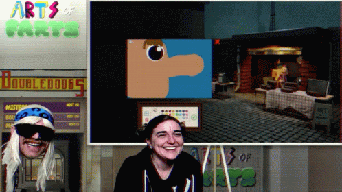 A Woman Is Smiling In Front Of A Sign That Says " Arts Of Parts " GIF