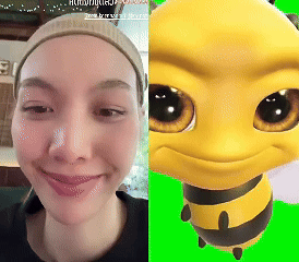 A Woman Is Smiling Next To A Picture Of A Bee On A Green Background GIF