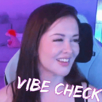 A Woman Is Smiling While Sitting In A Chair With The Words `` Vibe Check '' Written On It . GIF