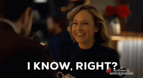 A Woman Is Smiling While Talking To A Man And The Words `` I Know , Right '' Are Written On The Screen . GIF