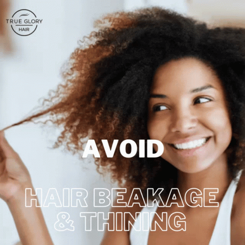 A Woman Is Smiling With The Words Avoid Hair Beakage & Thinning GIF
