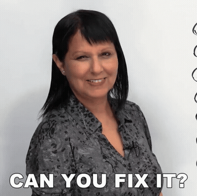 A Woman Is Smiling With The Words " Can You Fix It " Behind Her GIF