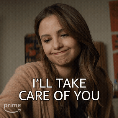 A Woman Is Smiling With The Words I 'Ll Take Care Of You Below Her GIF