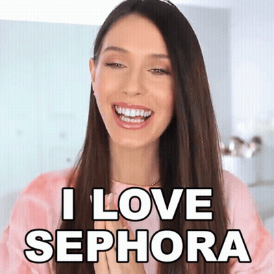 A Woman Is Smiling With The Words I Love Sephora Above Her GIF