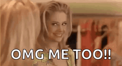A Woman Is Smiling With The Words `` Omg Me Too '' Written Next To Her . GIF