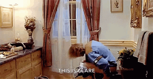 A Woman Is Squatting On A Toilet In A Bathroom With The Words `` This Is Clare '' . GIF