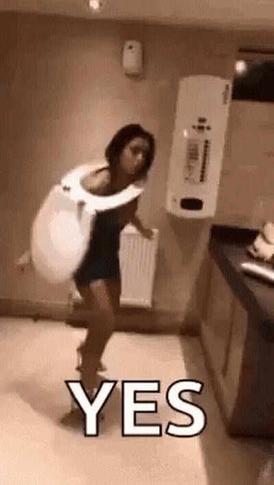 A Woman Is Standing In A Bathroom Wearing A Toilet Seat And Holding A Toilet Seat . GIF