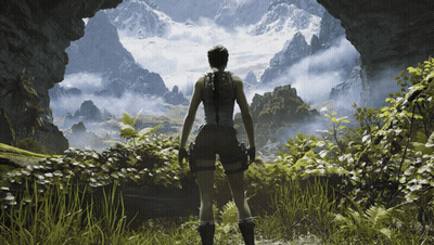 A Woman Is Standing In A Cave Looking Out At A Mountain Range GIF