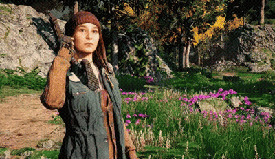 A Woman Is Standing In A Field Of Flowers In A Video Game Holding A Gun . GIF