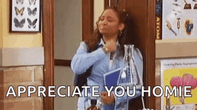 A Woman Is Standing In A Hallway Holding A Clipboard And A Bottle And Says `` Appreciate You Homies '' . GIF