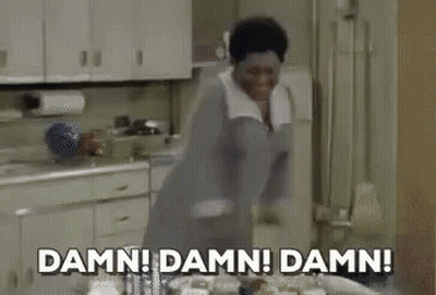 a woman is standing in a kitchen with the words `` damn ! damn ! damn ! '' .