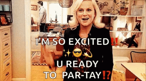 A Woman Is Standing In A Living Room And Says I 'M So Excited U Ready To Par-Tay GIF