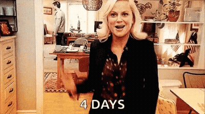 A Woman Is Standing In A Living Room With Her Hands In The Air And The Words `` 4 Days '' Written On Her Face . GIF