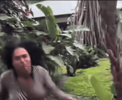 A Woman Is Standing In A Lush Green Field GIF