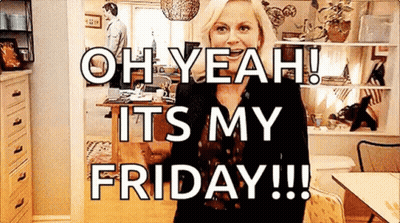 A Woman Is Standing In A Room With A Sign That Says `` Oh Yeah ! It 'S My Friday ! '' GIF