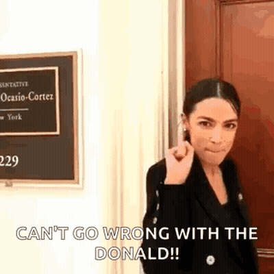 A Woman Is Standing In Front Of A Door With A Sign That Says `` Can T Go Wrong With The Donald '' . GIF