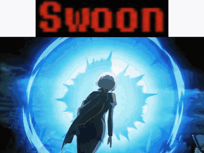 A Woman Is Standing In Front Of A Glowing Circle With The Word Swoon On It GIF