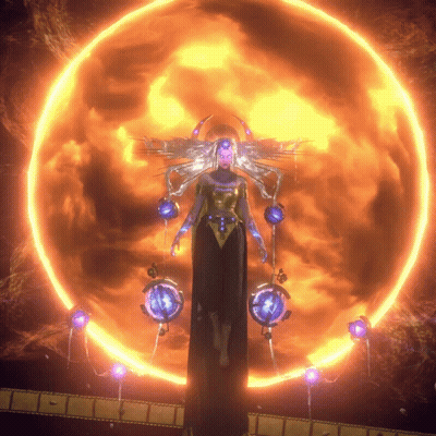 A Woman Is Standing In Front Of A Large Fire Circle GIF