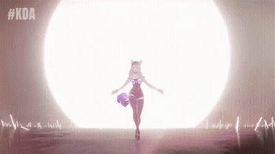 A Woman Is Standing In Front Of A Large Light With The Hashtag #Kda On The Bottom GIF