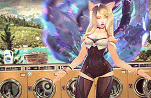 A Woman Is Standing In Front Of A Laundromat . GIF