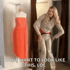 A Woman Is Standing In Front Of A Mannequin In A Dressing Room And Says `` Dont Want To Look Like This Lol '' . GIF