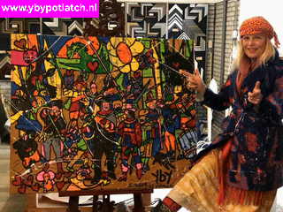 A Woman Is Standing In Front Of A Painting With The Website Www.ybbypotlatch.nl Visible GIF