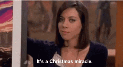 A Woman Is Standing In Front Of A Picture And Says `` It 'S A Christmas Miracle . '' GIF