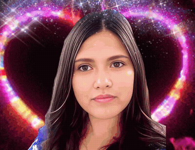 A Woman Is Standing In Front Of A Pink Heart Shaped Background GIF