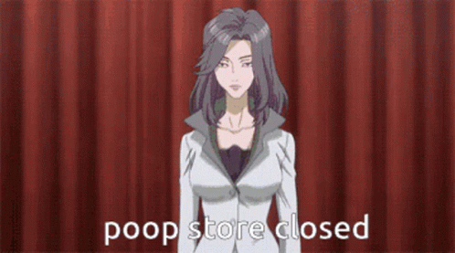 A Woman Is Standing In Front Of A Red Curtain With The Words Poop Store Closed Written Below Her GIF