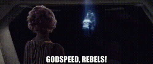 A Woman Is Standing In Front Of A Screen With The Words `` Godspeed , Rebels ! '' Written On It . GIF