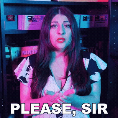 A Woman Is Standing In Front Of A Shelf Of Video Games And Says Please Sir GIF