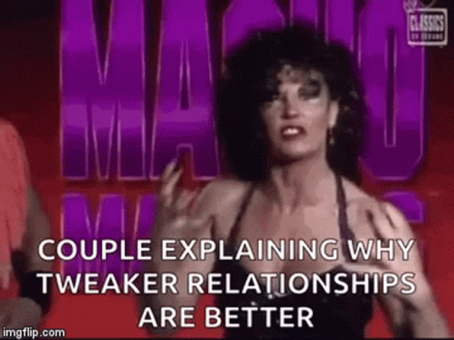 A Woman Is Standing In Front Of A Sign That Says Couple Explaining Why Tweaker Relationships Are Better . GIF