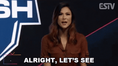 A Woman Is Standing In Front Of A Sign That Says Let 'S See . GIF
