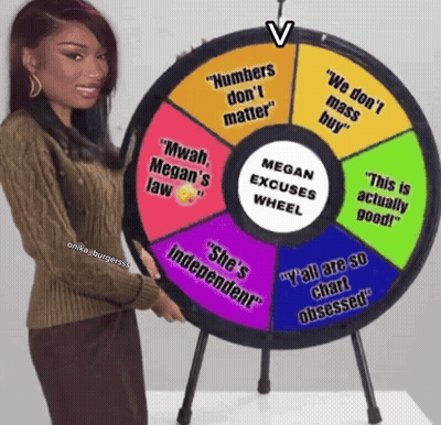 A Woman Is Standing In Front Of A Spinning Wheel That Says Megan Excuses Wheel On It GIF