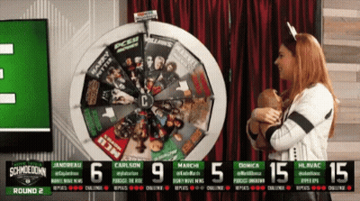 A Woman Is Standing In Front Of A Spinning Wheel That Says Round 2 On It GIF