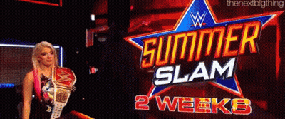 A Woman Is Standing In Front Of A Summer Slam Sign GIF