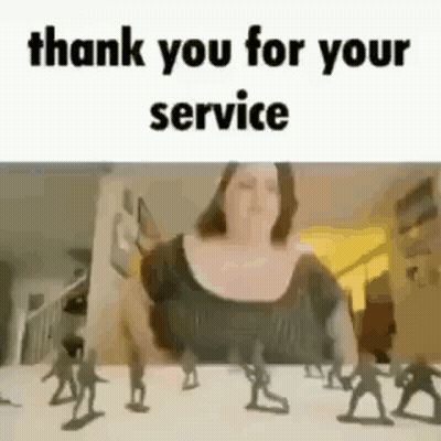 A Woman Is Standing In Front Of A Table Filled With Toy Soldiers And Says `` Thank You For Your Service '' . GIF