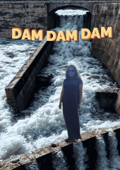 A Woman Is Standing In Front Of A Waterfall With The Words Dam Dam Dam Written Above Her GIF