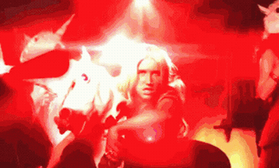 A Woman Is Standing In Front Of A White Unicorn GIF