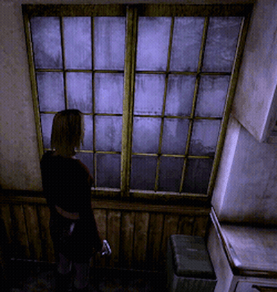 A Woman Is Standing In Front Of A Window With A Purple Background GIF
