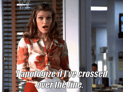 A Woman Is Standing In Front Of A Window With The Words " Apologize If I 'Ve Crossed Over The Line " GIF