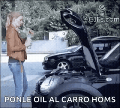 A Woman Is Standing Next To A Broken Down Car With The Hood Open . GIF