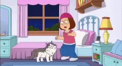 A Woman Is Standing Next To A Cat In A Bedroom . GIF