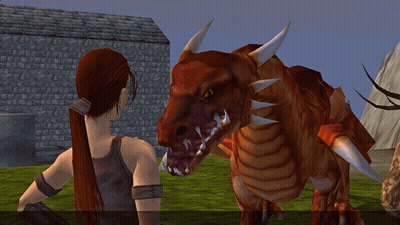 A Woman Is Standing Next To A Large Red Dragon GIF