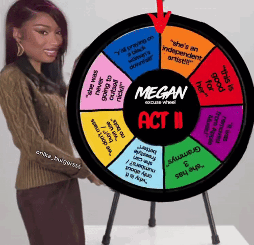 A Woman Is Standing Next To A Megan Act Ii Excuse Wheel GIF