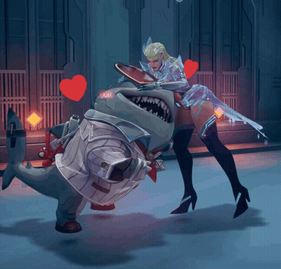 A Woman Is Standing Next To A Shark With Hearts Behind Them GIF