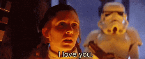 A Woman Is Standing Next To A Storm Trooper And Saying I Love You . GIF